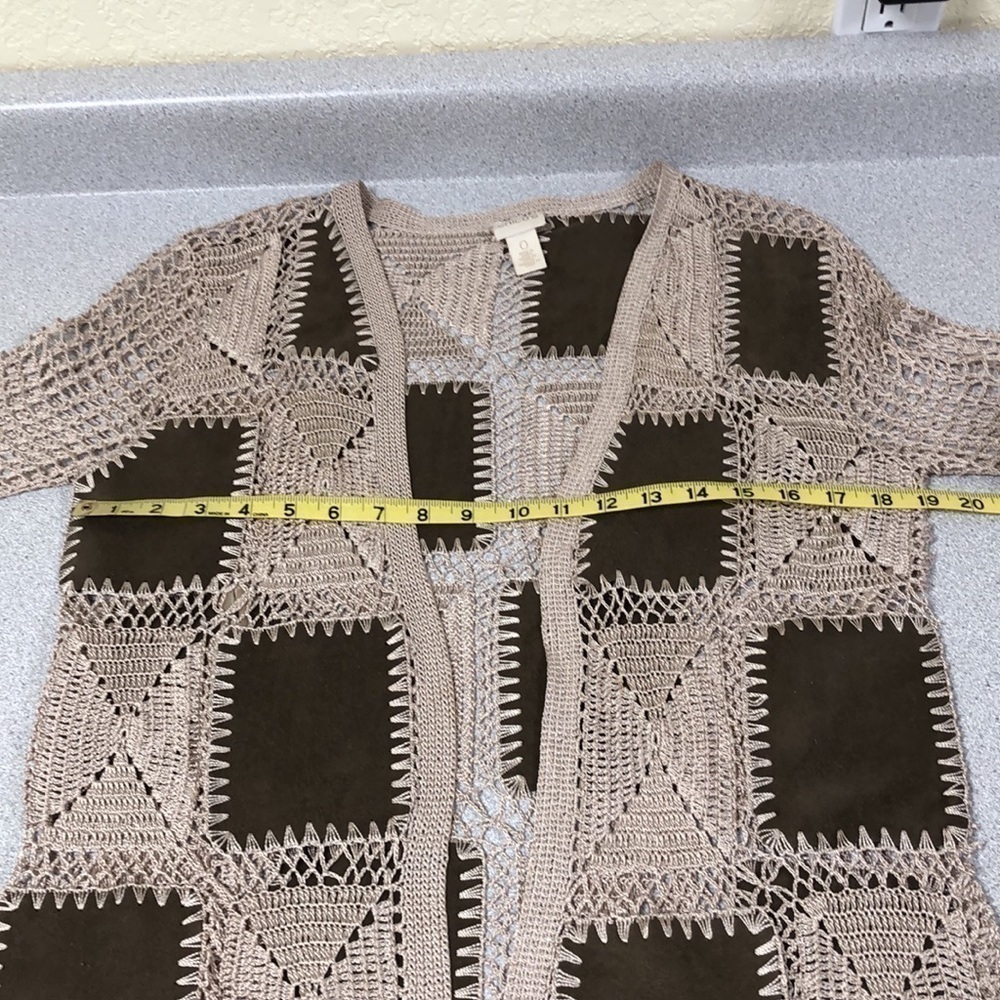 Chico’s faux suede patchwork crocheted cardigan. - Picture 10 of 12